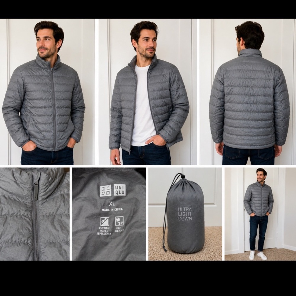Uniqlo Ultra Light Down Jacket Mens XL Gray Packable Puffer Full Zip Minimalist